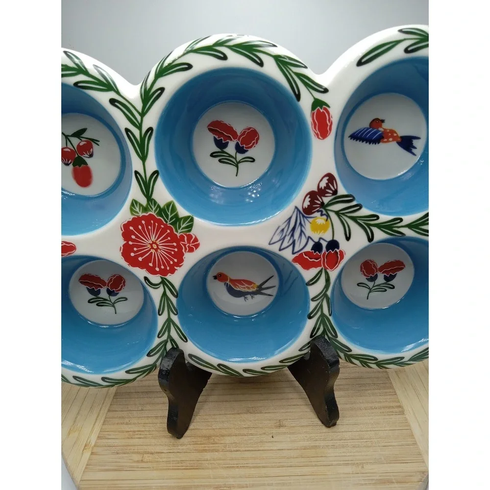Potter's Studio ceramic painted floral bird‎ blue mult 6 cupcake/muffin bake pan